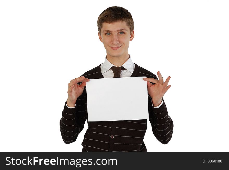 Young man holding a sheet of paper