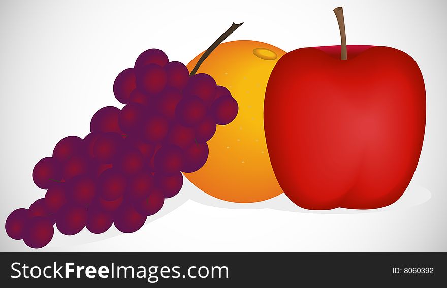 A trio of grapes, orange and apple. A trio of grapes, orange and apple