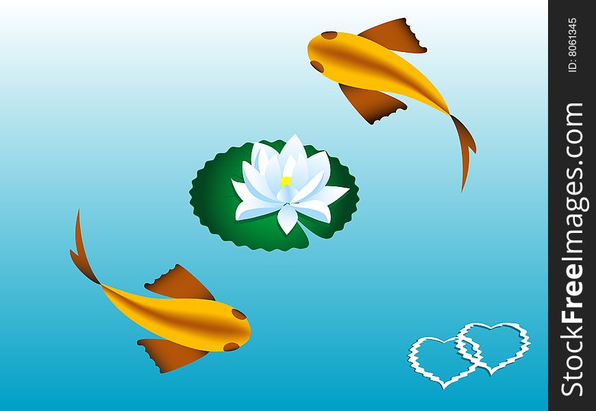 Two fishes swim in to pond around the lily. Two fishes swim in to pond around the lily