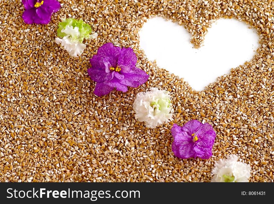 Heart with the flowers against background of the wheaten groats