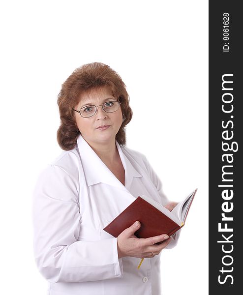 Woman doctor with notebook on white background