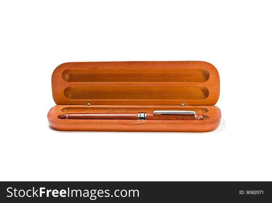 Fountain pen in wooden box on white background