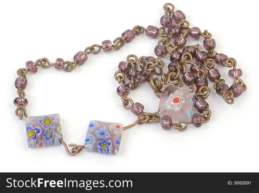 Coppery Necklace with Beads on white background.
