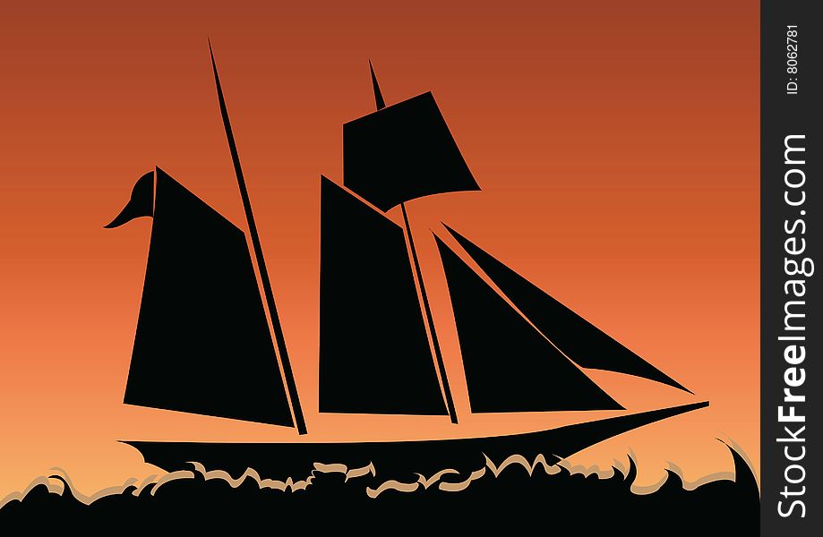 Vector illustration of a sailboat on sunset