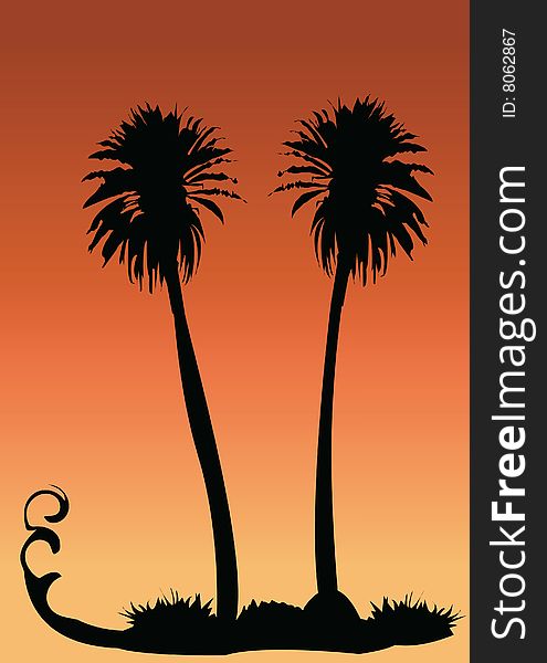 Vector illustration of two palms on tropical sunset