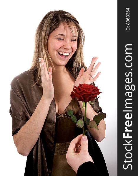 Happy woman with expressive face and gift. Happy woman with expressive face and gift