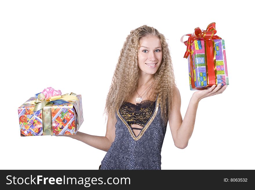 The young beautiful girl with a gift box on a white background