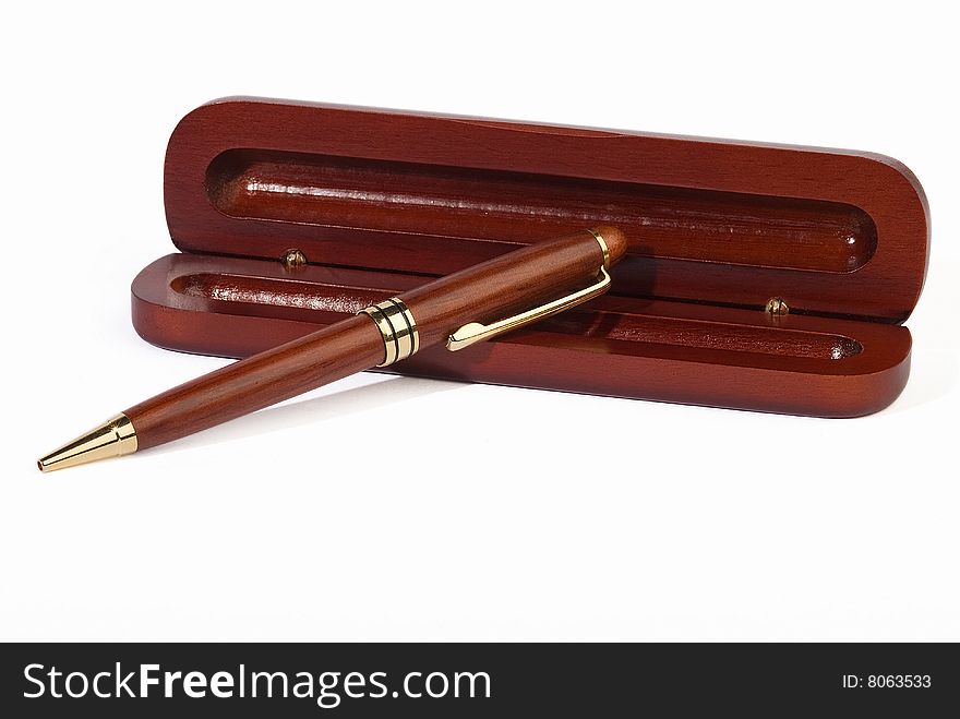 Mahogany Ball Point Pen Lying On Its Case