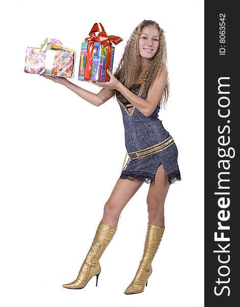 The young beautiful girl with a gift box on a white background