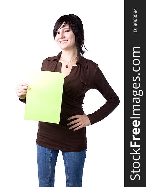 The young beautiful businesswoman at office behind work on a white background. The young beautiful businesswoman at office behind work on a white background