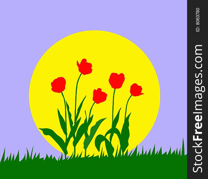 Vector illustration tulip against sun