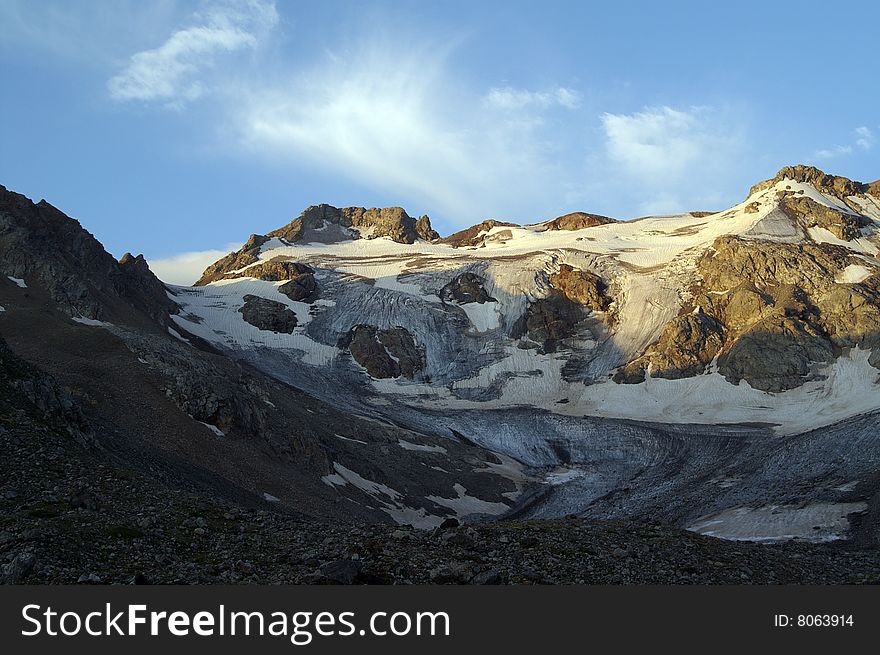 Mountain glacier. Caucasus Mountains. Digoriya