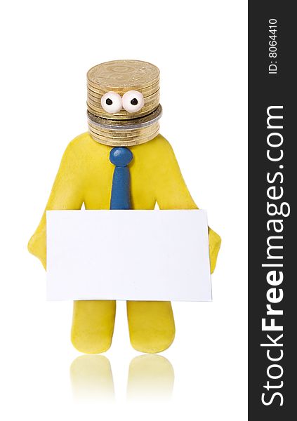 Plasticine businessman with head made of money holds blank card isolated on white. Plasticine businessman with head made of money holds blank card isolated on white