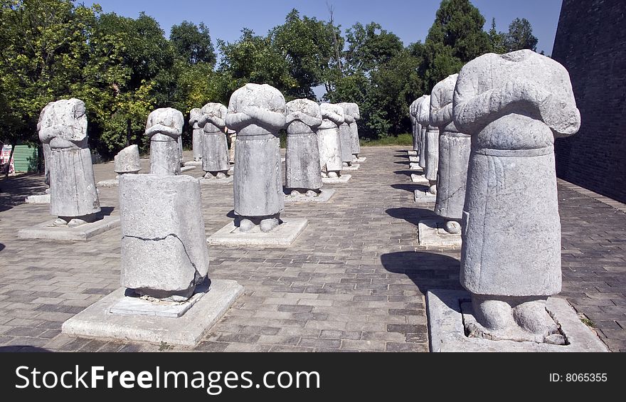 Decapitated sculptures of men statue at Qian Mausoleum, Xian China