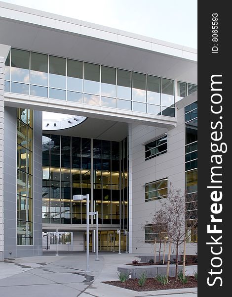 An office building with a empty parking lot