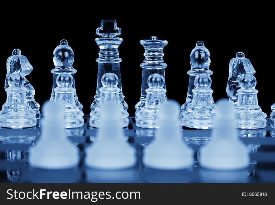 Chess, Four Pawns, Focus On Back, Blue Toning. Chess, Four Pawns, Focus On Back, Blue Toning