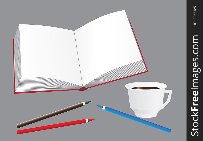 The book, coffee and pencils. Vector illustration