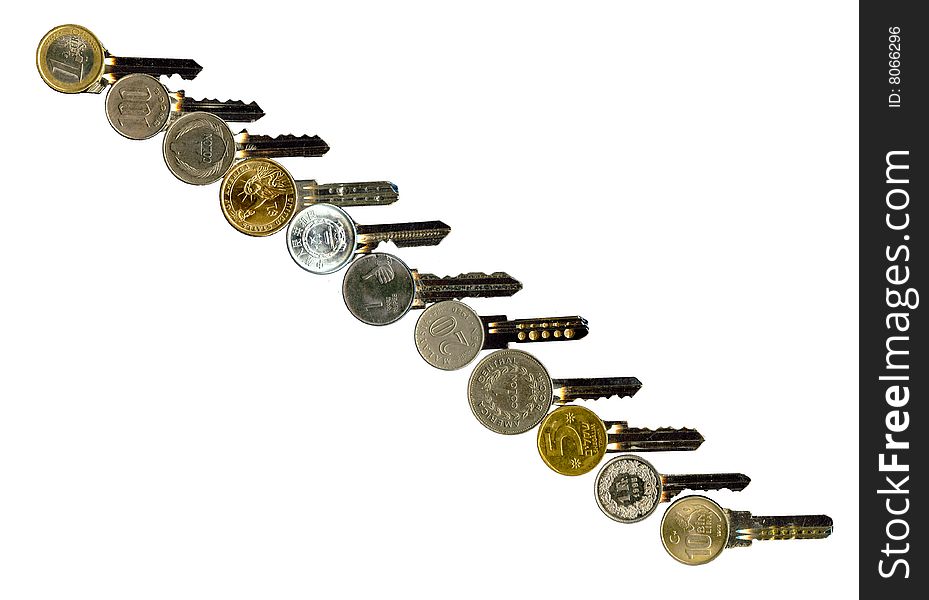 Worldwide financial latchkeys image isolated, on white. Worldwide financial latchkeys image isolated, on white.