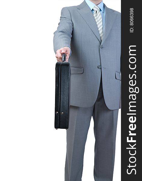 Man Giving His Briefcase Isolated On White Backgro