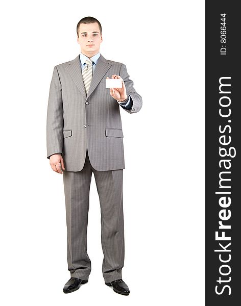 Man holding a blank card isolated on white backgro