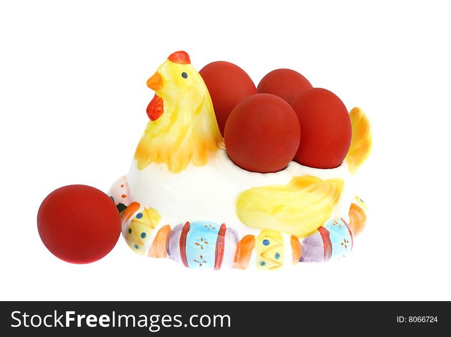 Easter red eggs on white background.