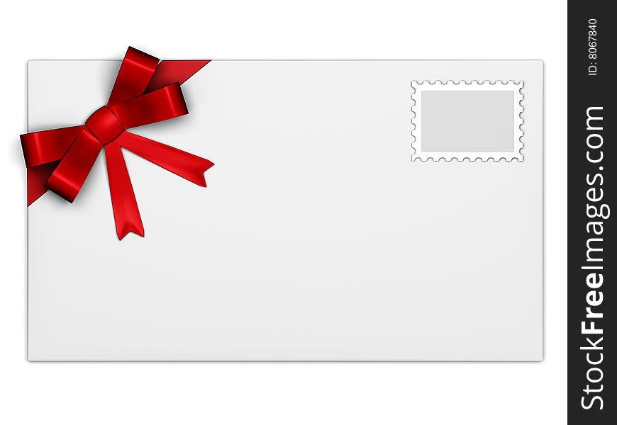 Envelope with red ribbon and post stamp on white