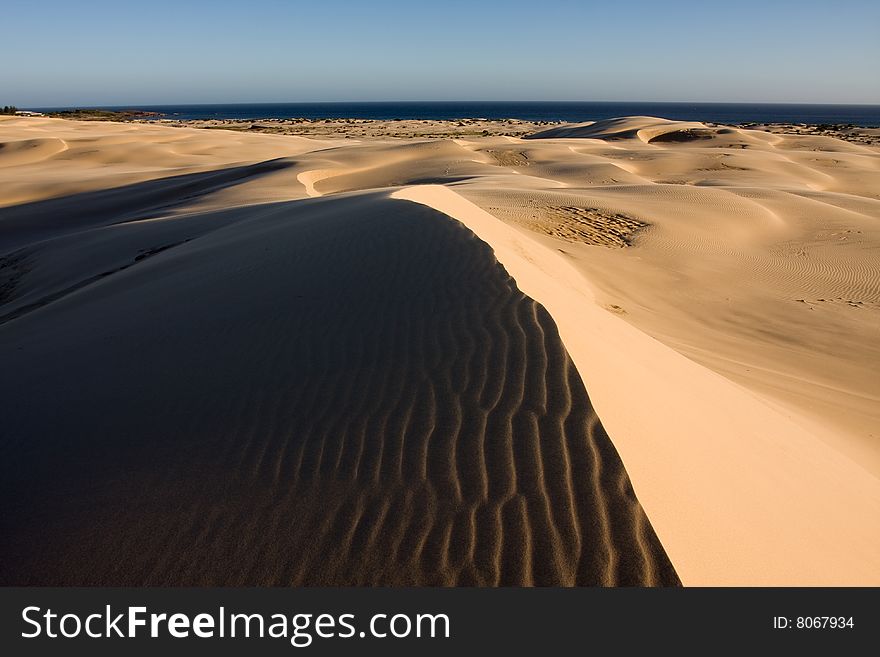 Stockton sand dunes in Anna Bay, NSW, Australia. Sand ripples detail with dramatic shadows. Taken in clean day conditions.