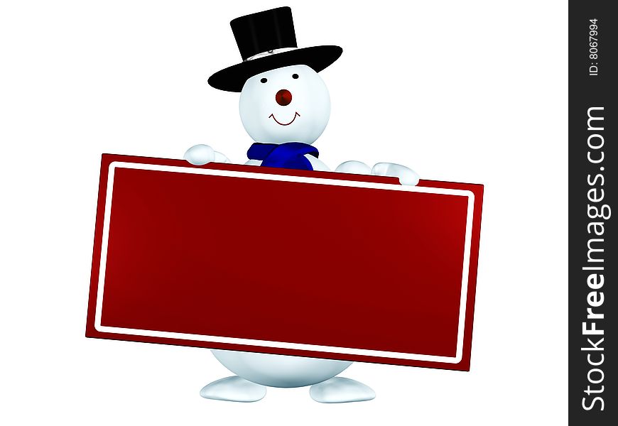 Snowman with empty red card isolated on white