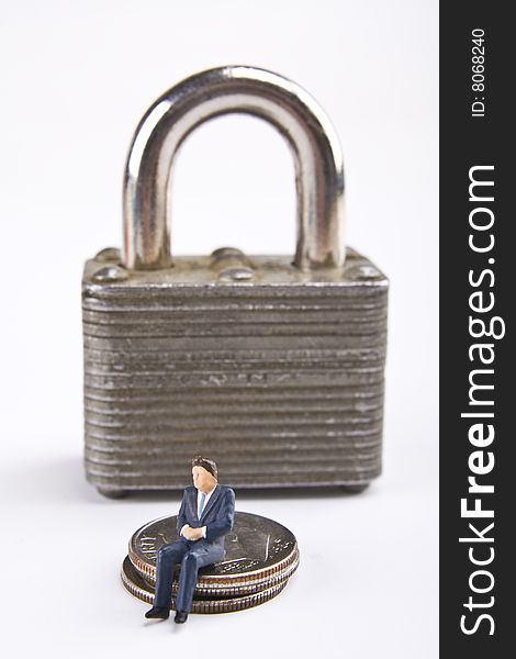 Illustration of a businessman sitting on coins in front of a padlock, isolated on white background. Illustration of a businessman sitting on coins in front of a padlock, isolated on white background.