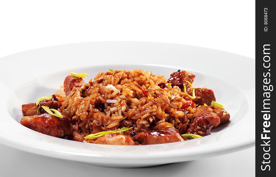 Pork with Fried Rice and Greens. Isolated on White Background