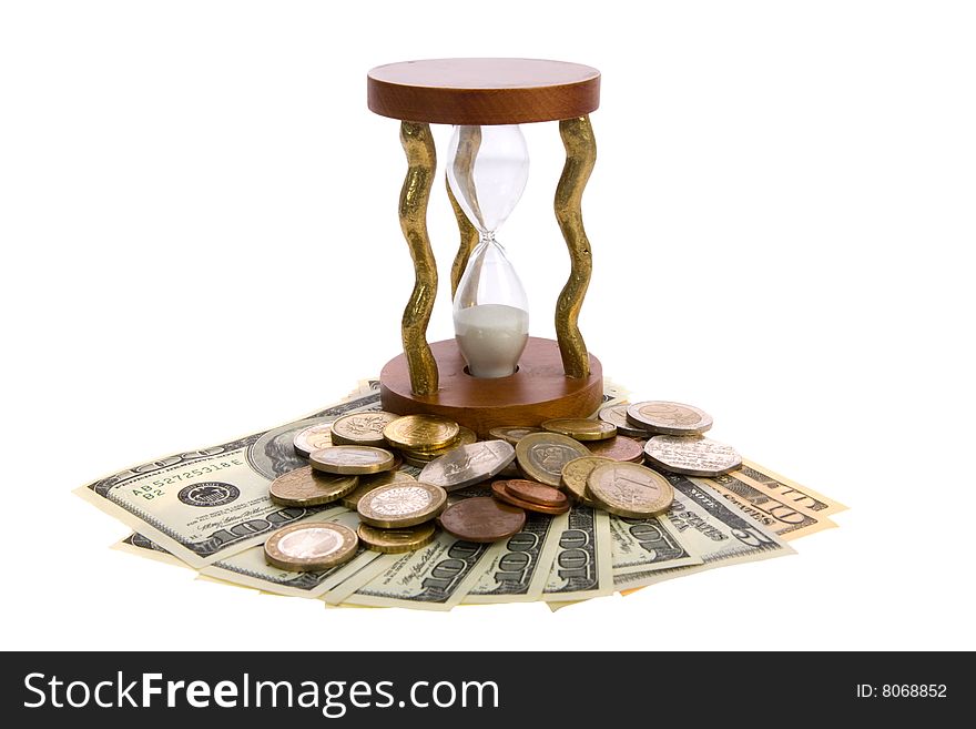 Dollars and hourglass on white background. Dollars and hourglass on white background