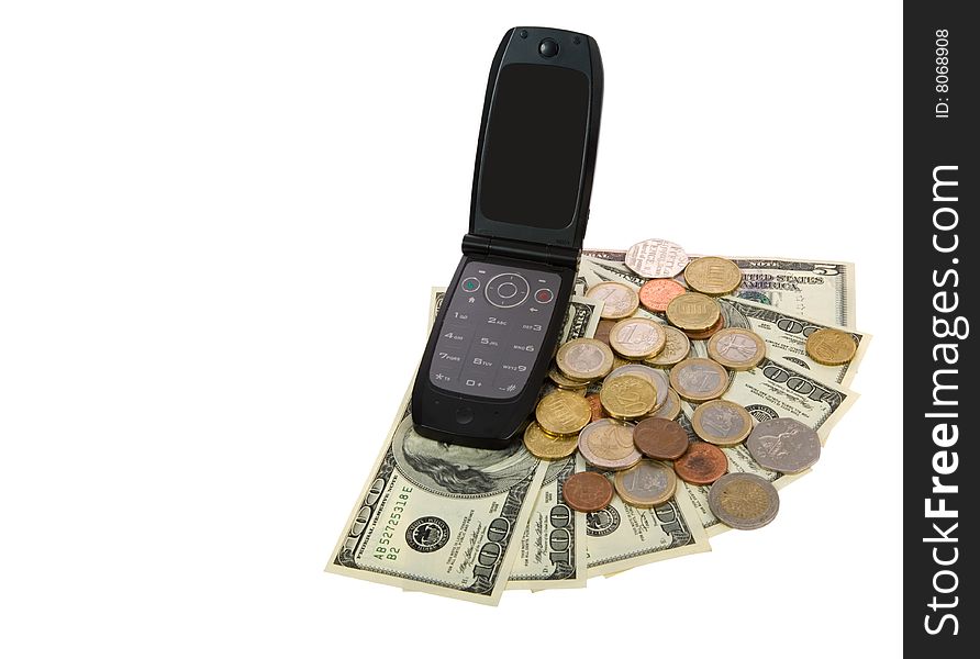 Phone with money on white background. Phone with money on white background