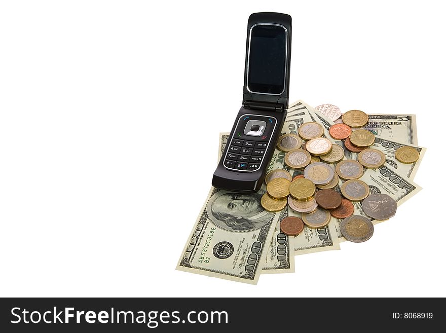 Phone with money on white background. Phone with money on white background