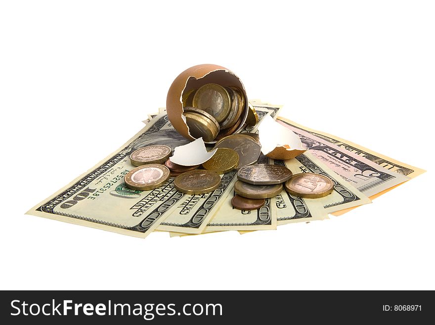 Egg with money on white background. Egg with money on white background