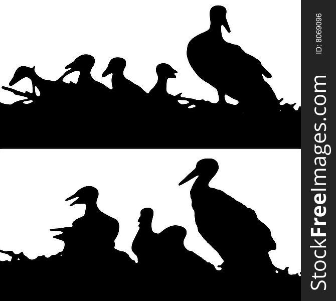 A silhouette of stork with its chicks. A silhouette of stork with its chicks