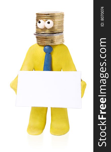 Plasticine businessman with head made of money holds blank card isolated on white. Plasticine businessman with head made of money holds blank card isolated on white