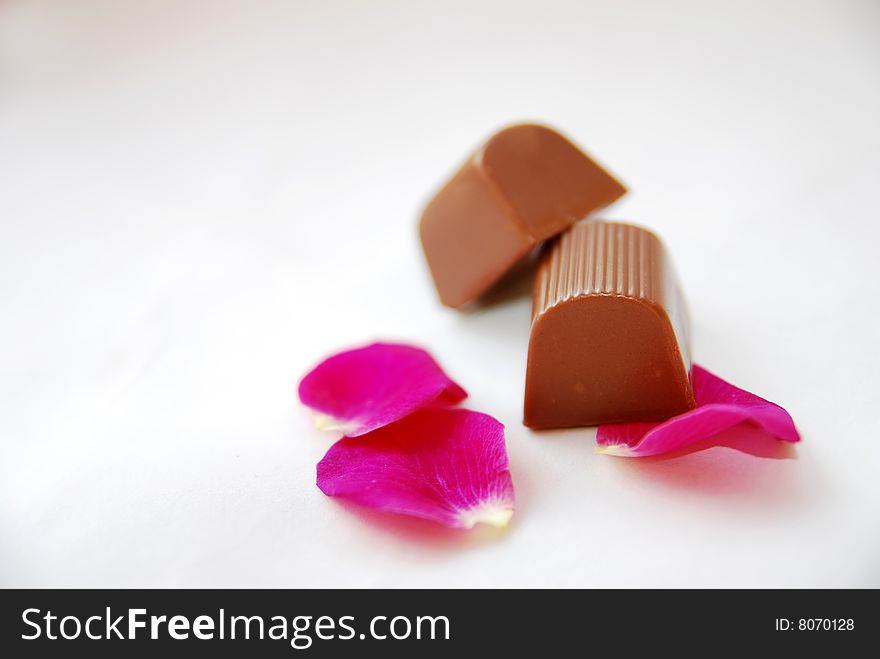 Pink rose petal and chocolate for romance and valentine