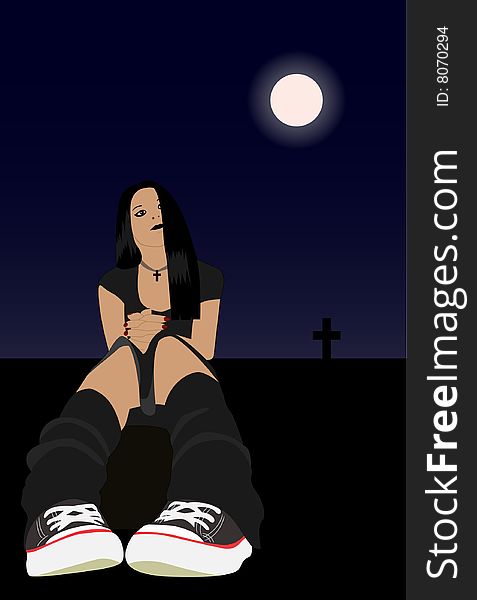 The girl on a cemetery. Vector. Without mesh.