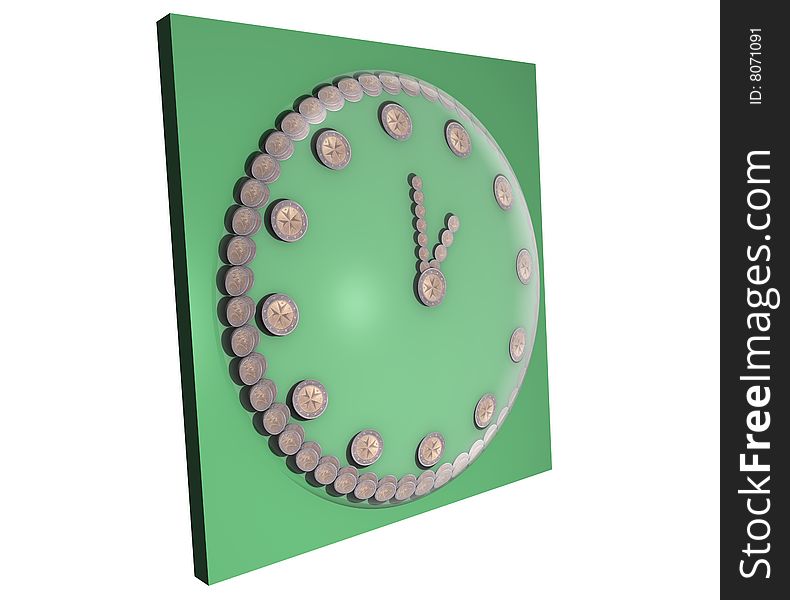 A concept illustration for the saying time is money, where a clock made from 2 euro coins displays the time