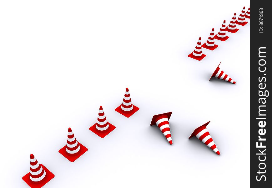 Road red-white cones on a white background. Road red-white cones on a white background