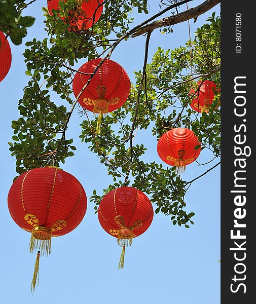 Chinese red lantern with colourful decoration