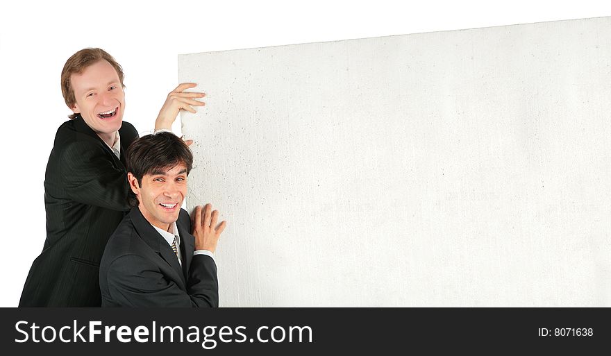 Two Businessmen Push White Plate