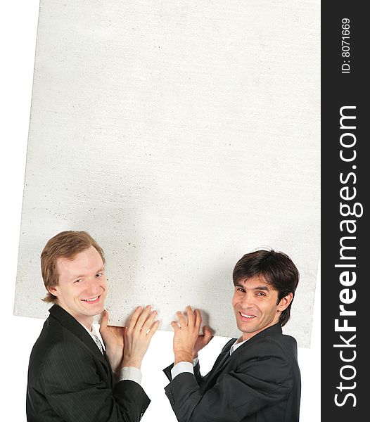 Two businessmen carry white plate foam plastic