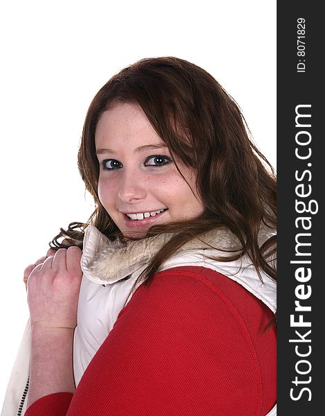 Heavy looking teenage girl in white vest and red shirt. Heavy looking teenage girl in white vest and red shirt