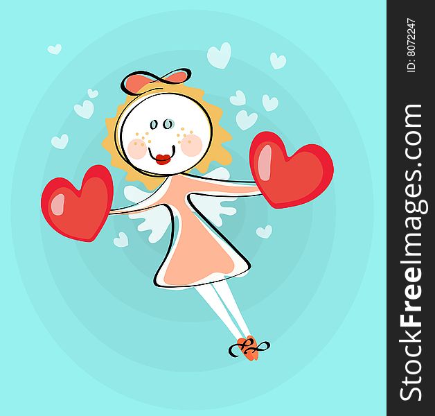 Simple vector with a cute angel with hearts. Simple vector with a cute angel with hearts