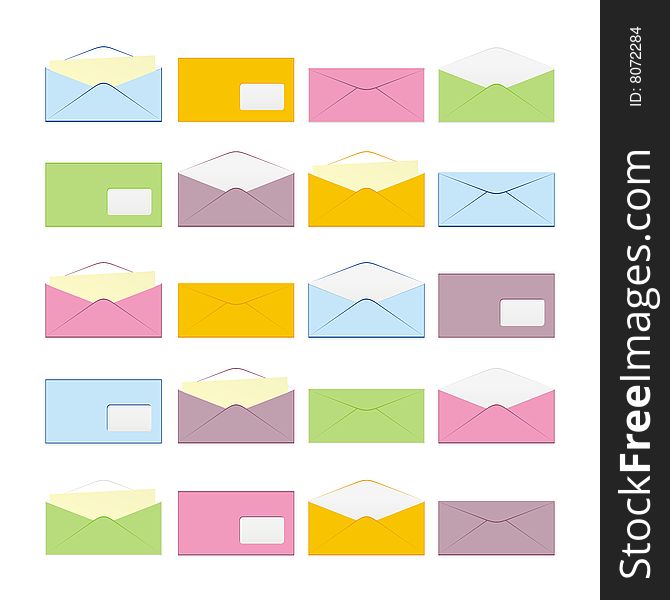 Twenty Isolated Colored Envelopes