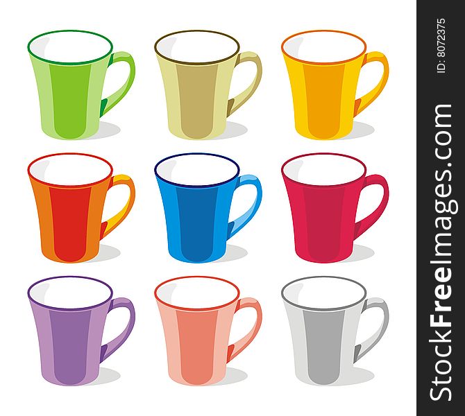 Vector illustration of nine different isolated colored mugs