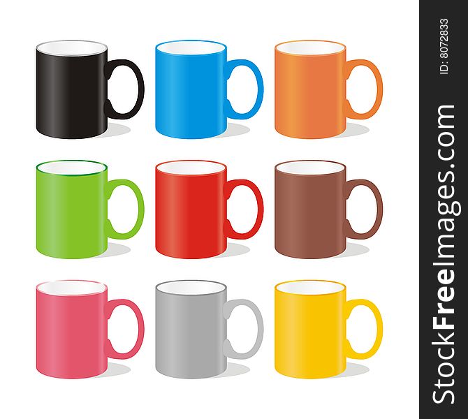 Vector illustration of nine different isolated colored mugs. Vector illustration of nine different isolated colored mugs