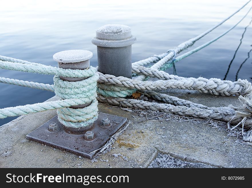 Bitts and mooring lines on a quay.