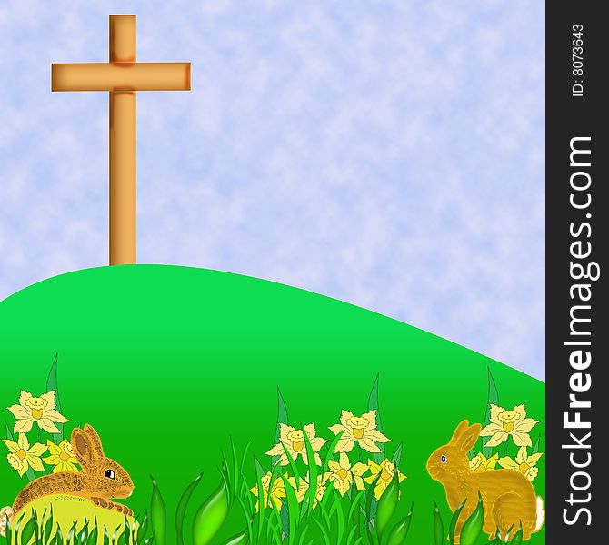 My  Illustration of a Cross on a Hill with Bunnies and Daffodils.(There is a green hill far away without a city wall). My  Illustration of a Cross on a Hill with Bunnies and Daffodils.(There is a green hill far away without a city wall).